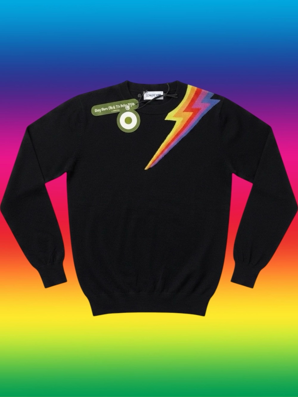 OXKnit NWT 100% Cotton Classic Retro Black Rainbow Lightning Bolt Sweater XL